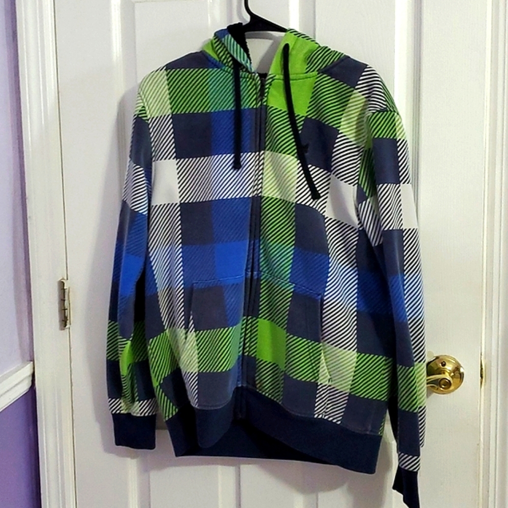 Zoo York Blue, Green & White Plaid Zip Up Hooded Jacket Casual Athleisure M